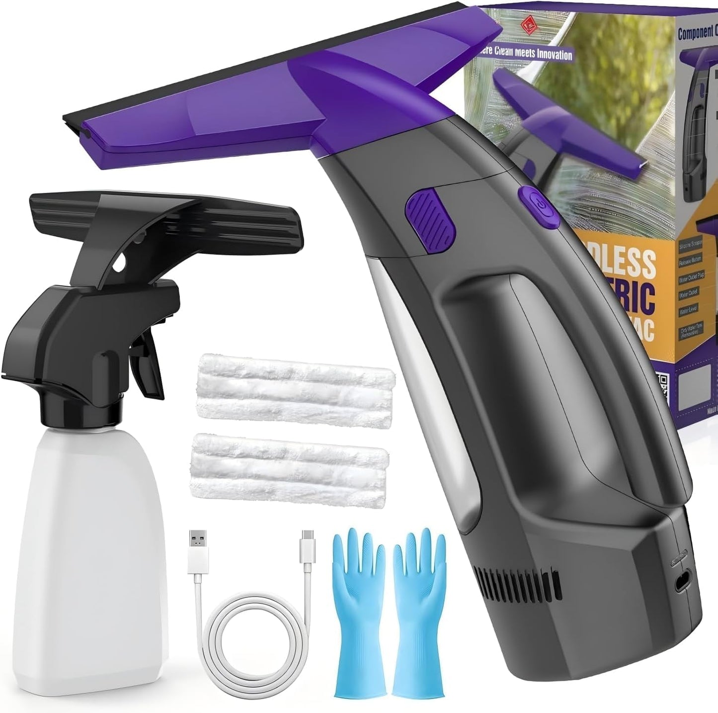 Window Vacuum Squeegee Cordless, 2000Pa Electric Window Cleaner with Power Blade, Vacuum Squeegee for Window Cleaning, Streak-Free Window Vacuum