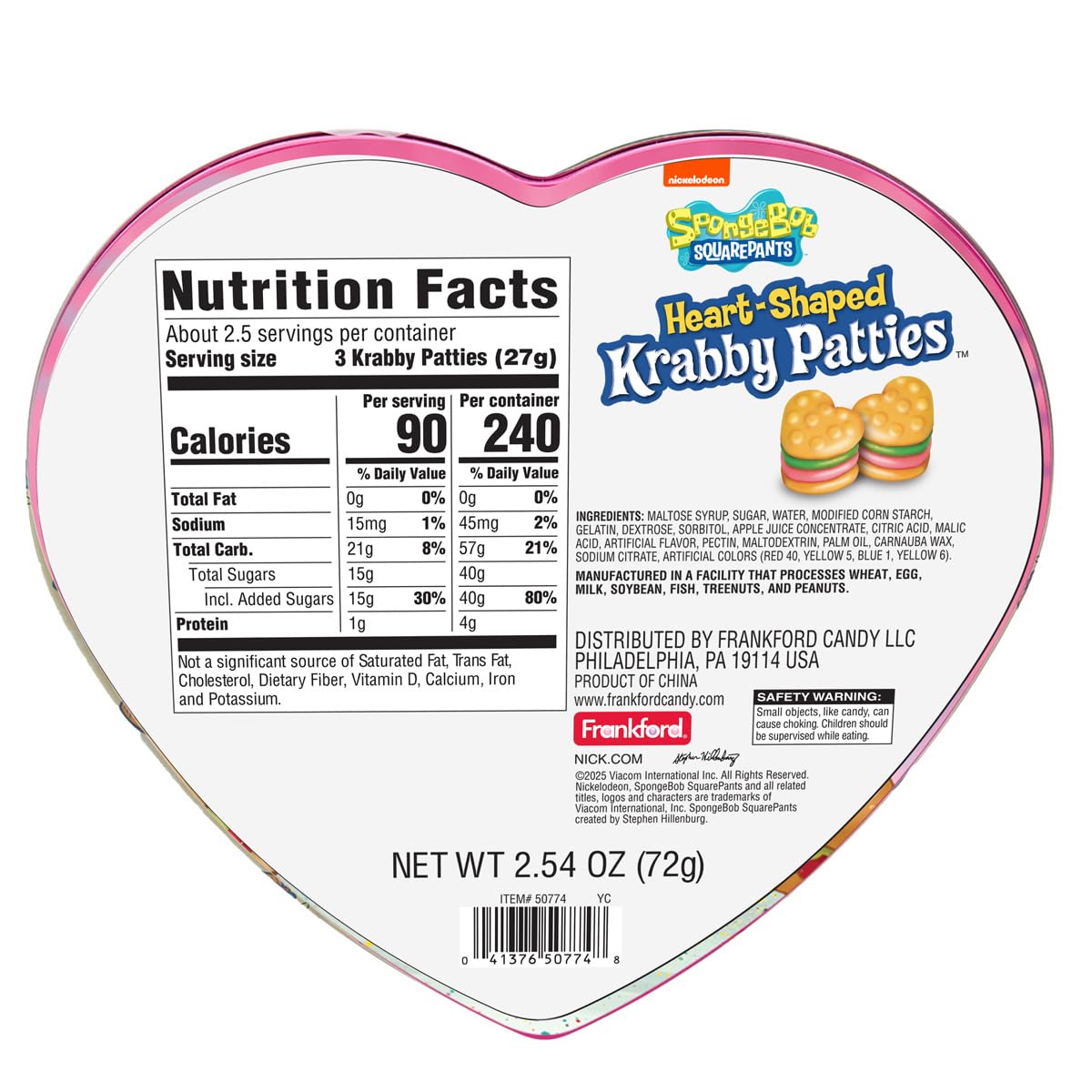 SpongeBob SquarePants Heart Shaped Gummy Krabby Patties Candies Valentine's Day Tin Gift Set for Kids