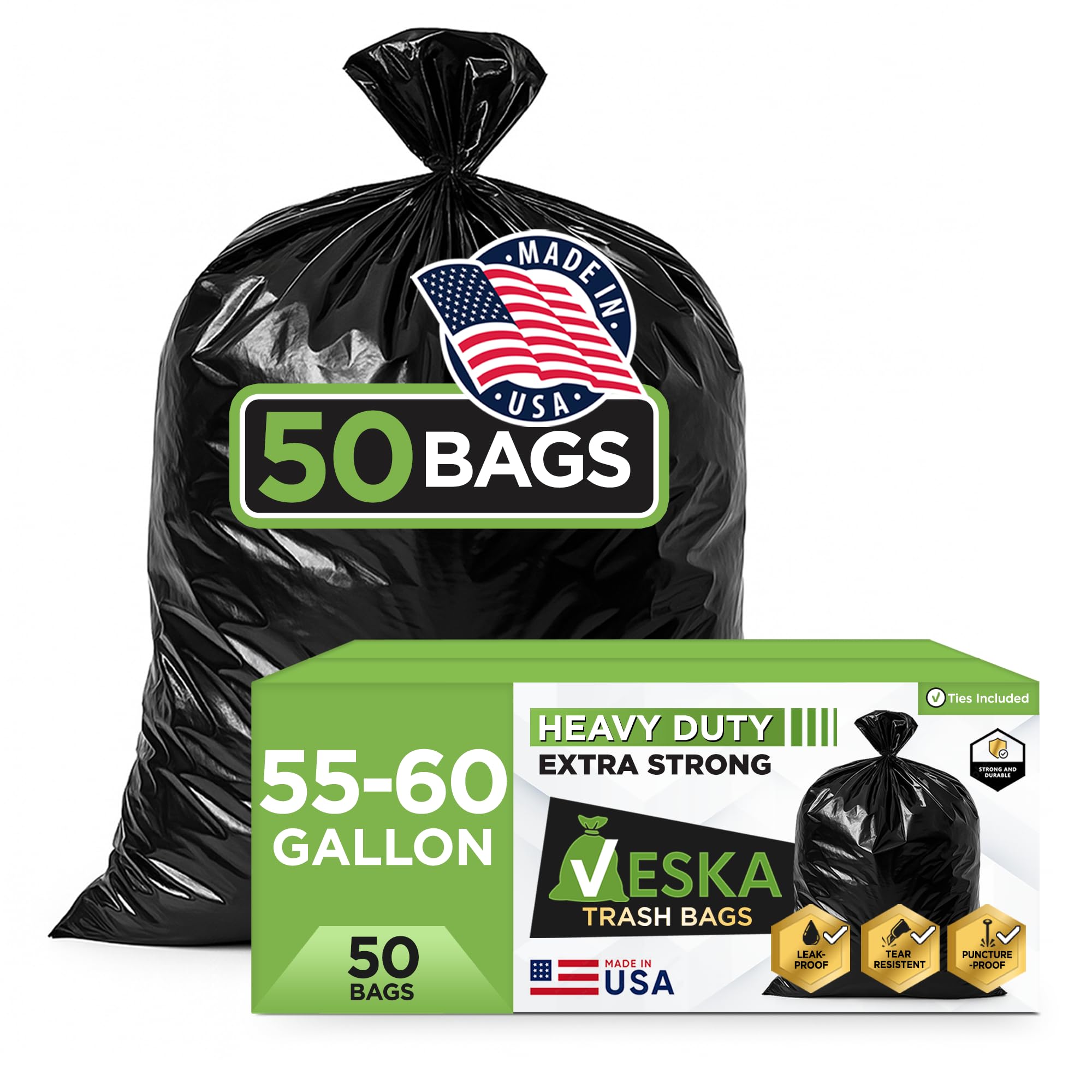 Veska 55 Gallon Trash Bags Heavy Duty, (Value-Pack 50 Count w/Ties) 55-60 Gallon Trash Bags Large Black 50-60 Gallon Garbage Liners for Lawn, Leaf