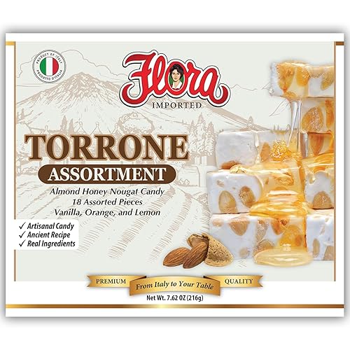 Flora Foods Assorted Italian Torrone - 18 Almond Honey Nougat Pieces - Vanilla, Lemon & Orange Flavors - Less Than 60 Calories Each - Made in Italy