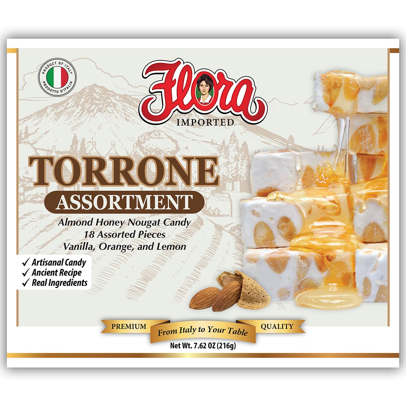 Flora Foods Assorted Italian Torrone - 18 Almond Honey Nougat Pieces - Vanilla, Lemon & Orange Flavors - Less Than 60 Calories Each - Made in Italy
