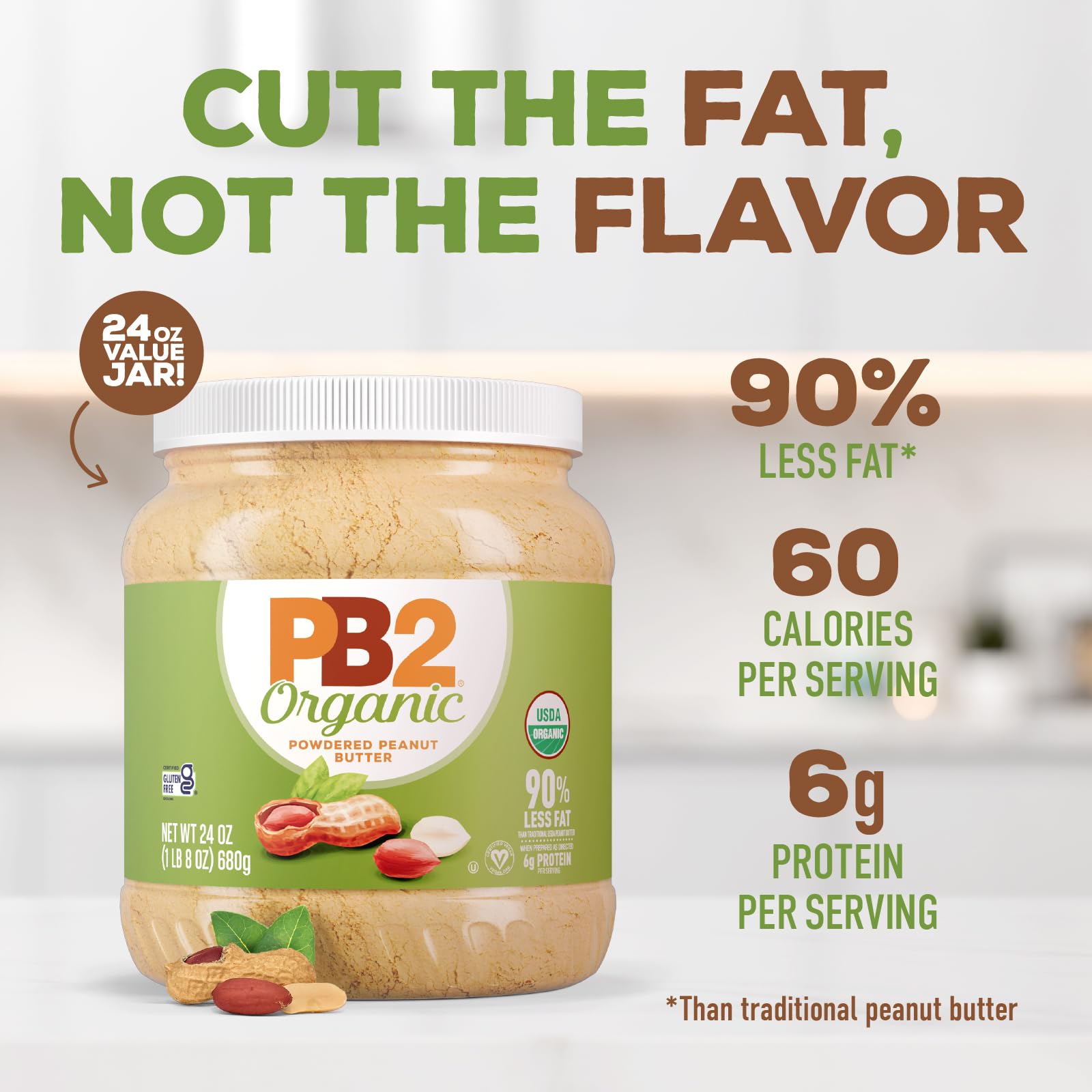 PB2 Organic Powdered Peanut Butter | USDA Organic Certified, Non-GMO Project Verified, Gluten-Free Peanut Butter Powder | Vegan, Keto Friendly | 24oz