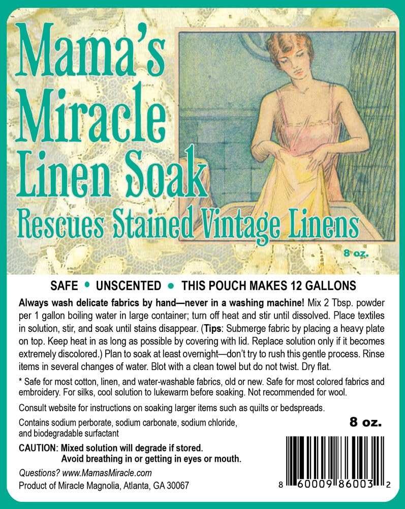 Mama's Miracle Linen Soak NEW! Starter Pack (8 oz), Gentle Stain Remover for Vintage and Antique Fabrics Makes 12 gallons of Soaking Solution