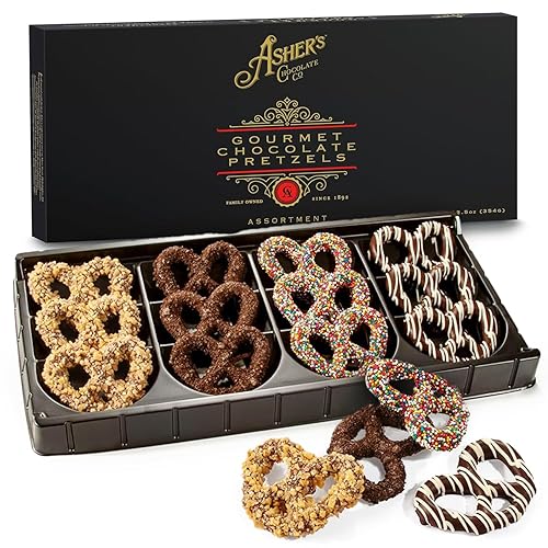Asher's Chocolates, Chocolate Covered Pretzels Gift Box Basket, Holiday Assortment of Pretzels, Twelve Decorative Pretzels for Gifting, Small Batches