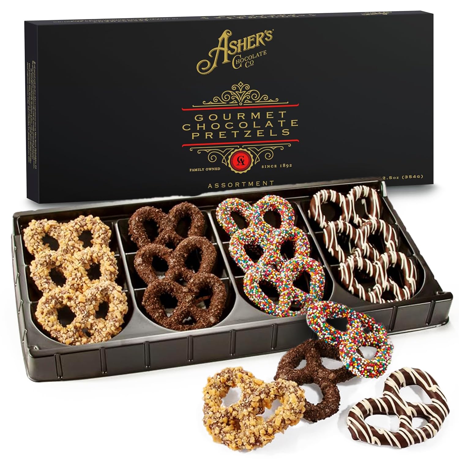 Asher's Chocolates, Chocolate Covered Pretzels Gift Box Basket, Holiday Assortment of Pretzels, Twelve Decorative Pretzels for Gifting, Small Batches