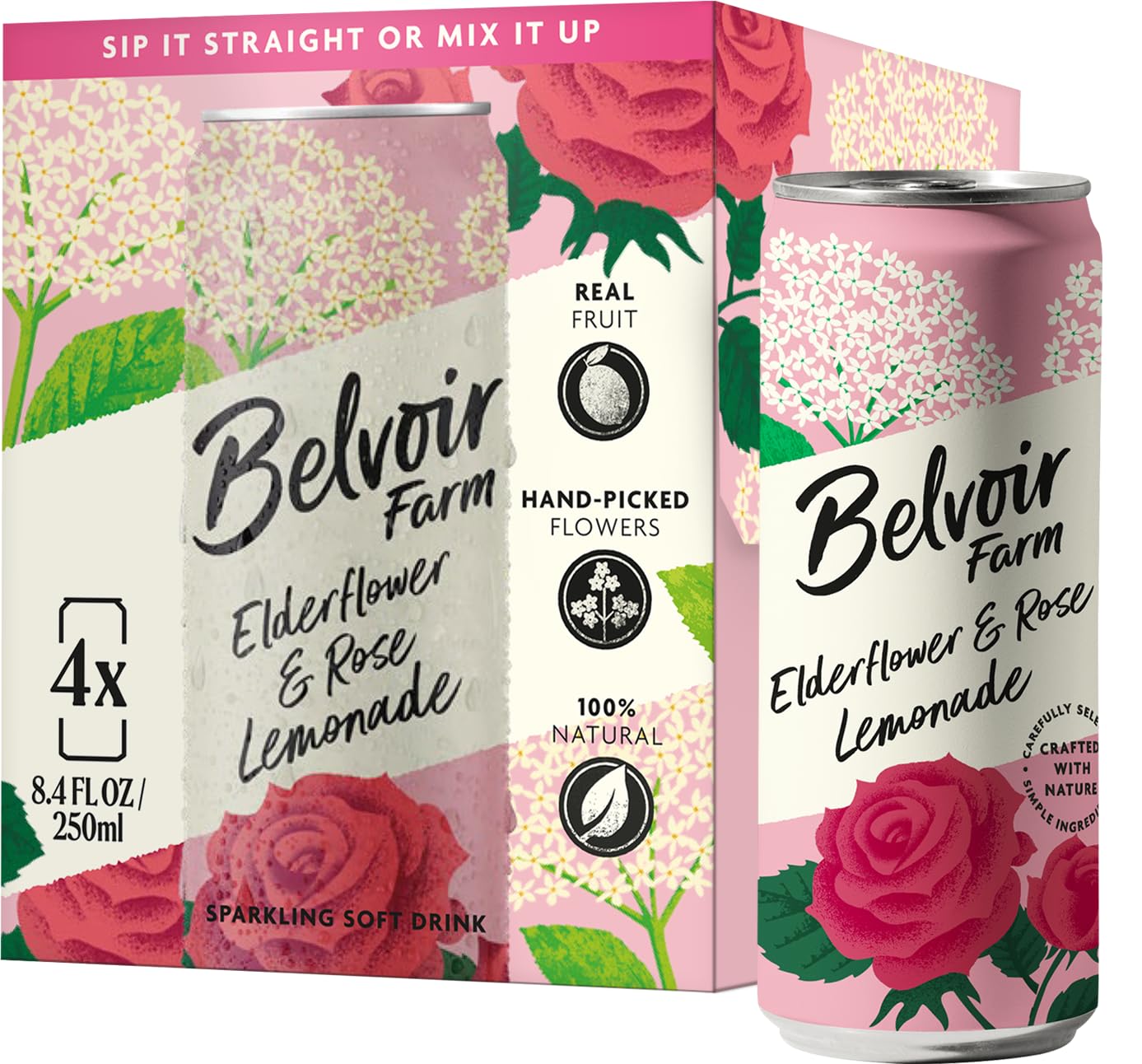 Belvoir Farm Elderflower & Rose Sparkling Lemonade | Delicious On It's Own Or As A Mixer | Product of UK | 4 Cans, 8.4 fl oz (250mL)