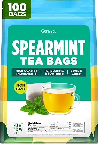 Gya Tea Co Spearmint Leaf Tea Bags (100 Bags) - Caffeine-Free Premium Spearmint Leaves - Non-GMO - Refreshing Mint Tea For Digestion Support