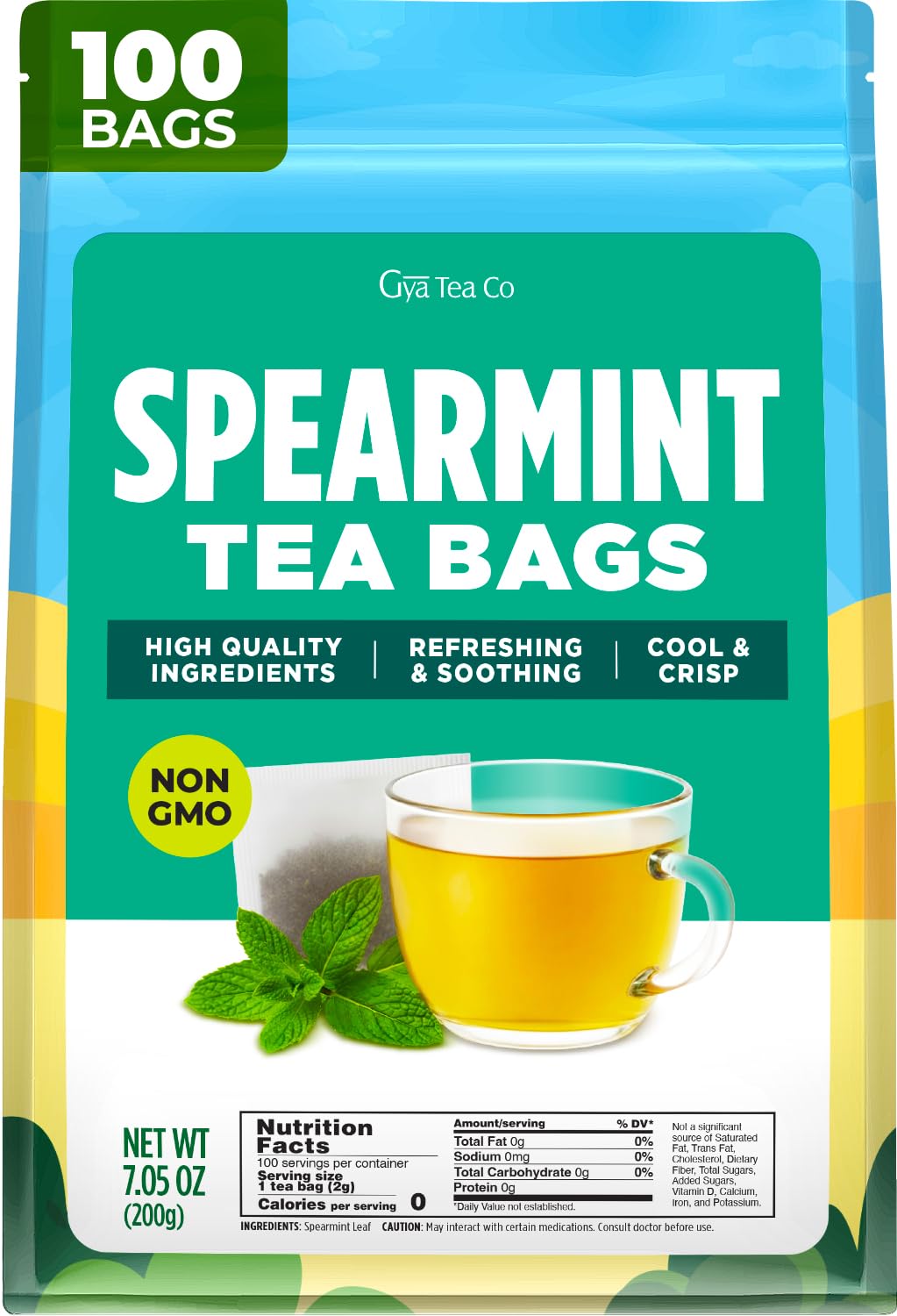 Gya Tea Co Spearmint Leaf Tea Bags (100 Bags) - Caffeine-Free Premium Spearmint Leaves - Non-GMO - Refreshing Mint Tea For Digestion Support