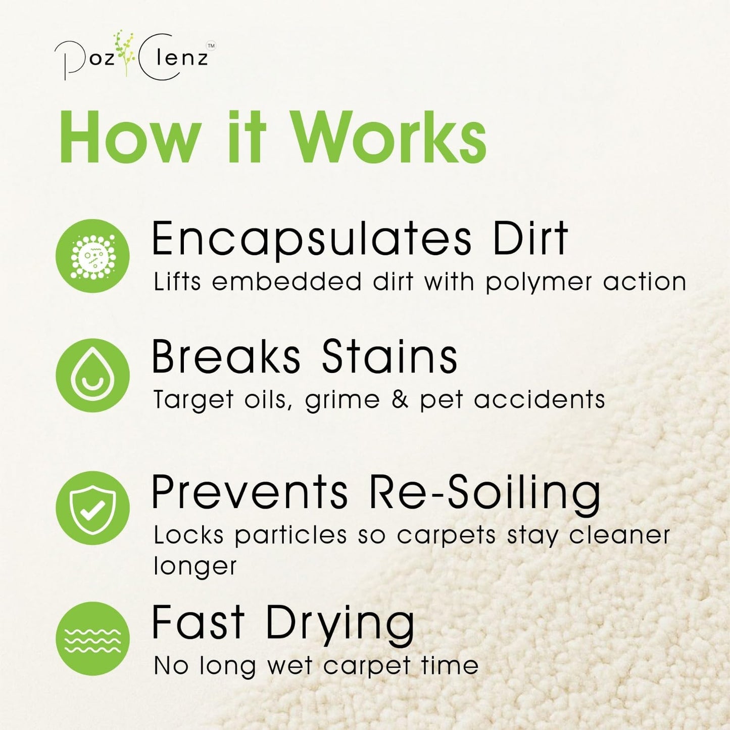 Poz Clenz Triple-Action Carpet Cleaner | Cleans, Deodorizes & Brightens | Concentrated, 1 Quart | Low-Foam Multi-Surface Solution for Use on Carpets