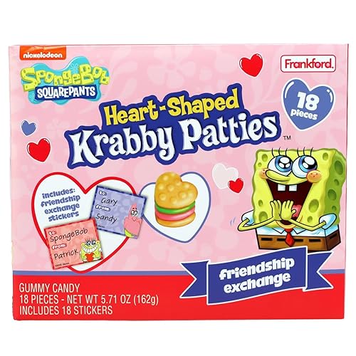 Valentines Krabby Patties 18 Count Exchange, Individually Wrapped Gummies with Cards for Gift Giving and Classroom