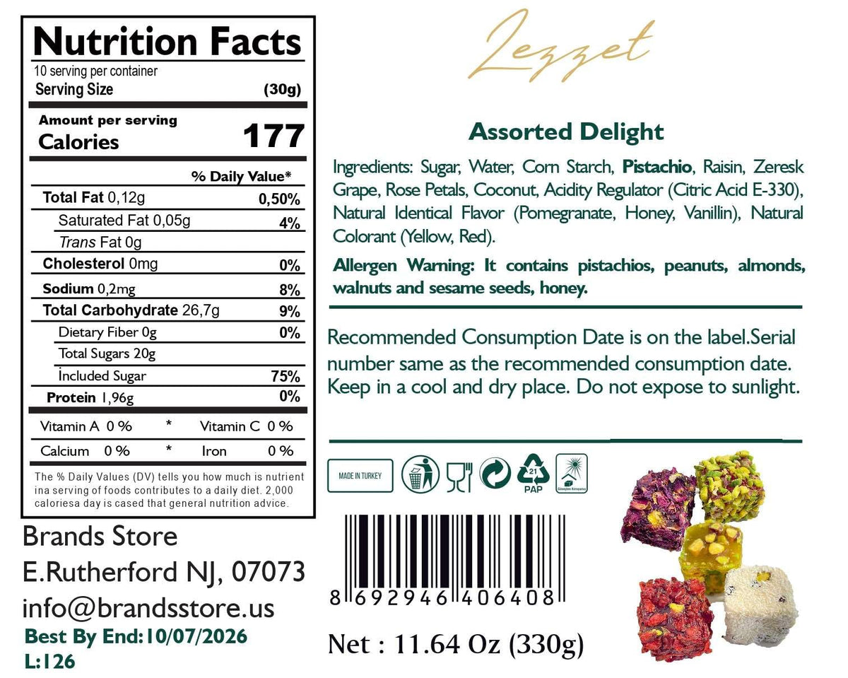 Lezzet, Assorted Turkish Delight, 100% Handmade Traditional Lokum, 15 Pieces, 11.64 oz (330gr)