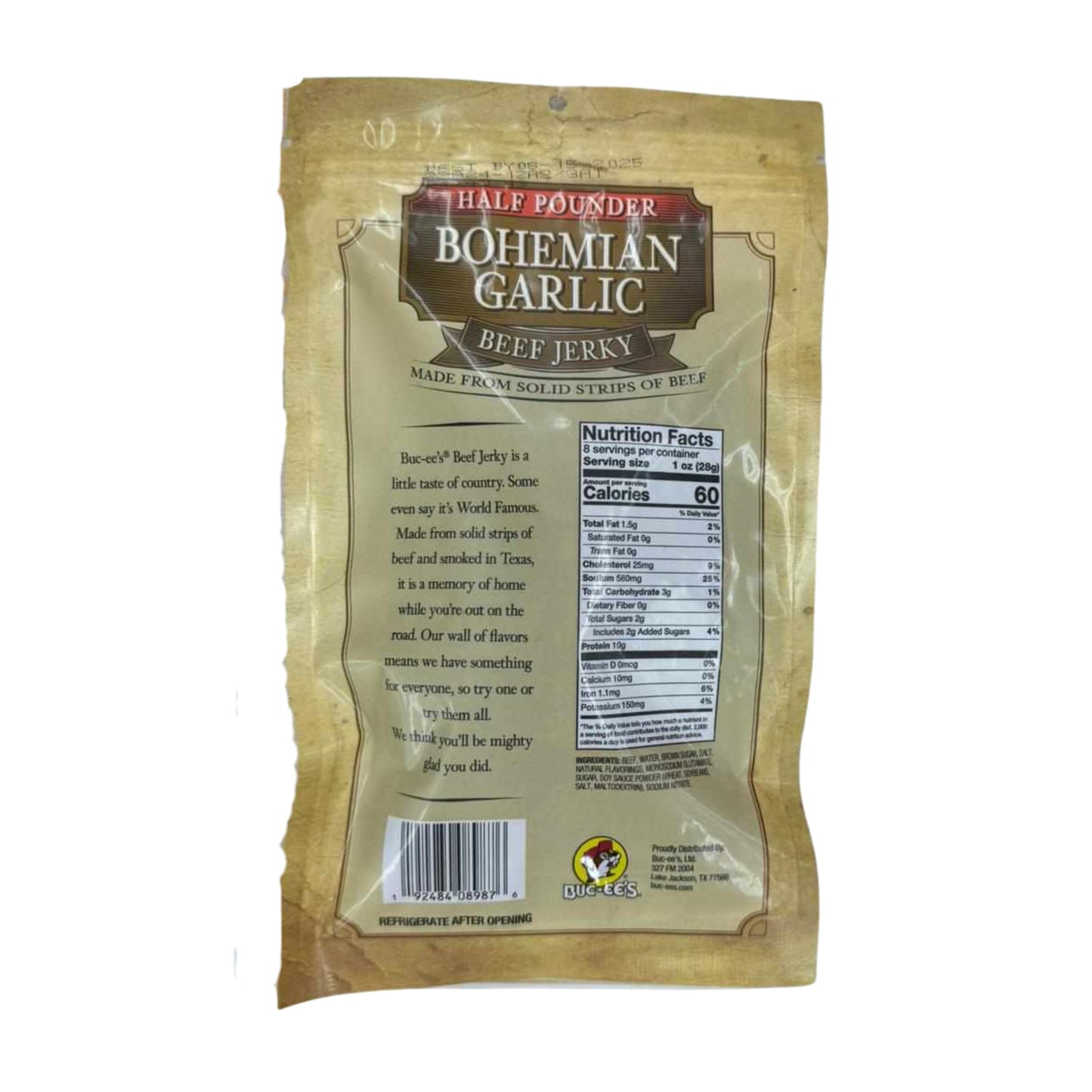 Buc-ee's Bohemian Garlic Beef Jerky - 8 oz | Premium Handcrafted Snack | Savory, Garlic-Infused Flavor | Made in Texas - 1 bag