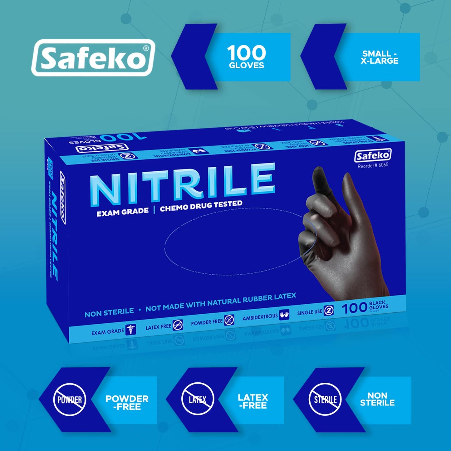 SAFEKO Black Nitrile - Powder & Latex Free - 1000 CT -Case of 10 Boxes (10X100) (Medium)