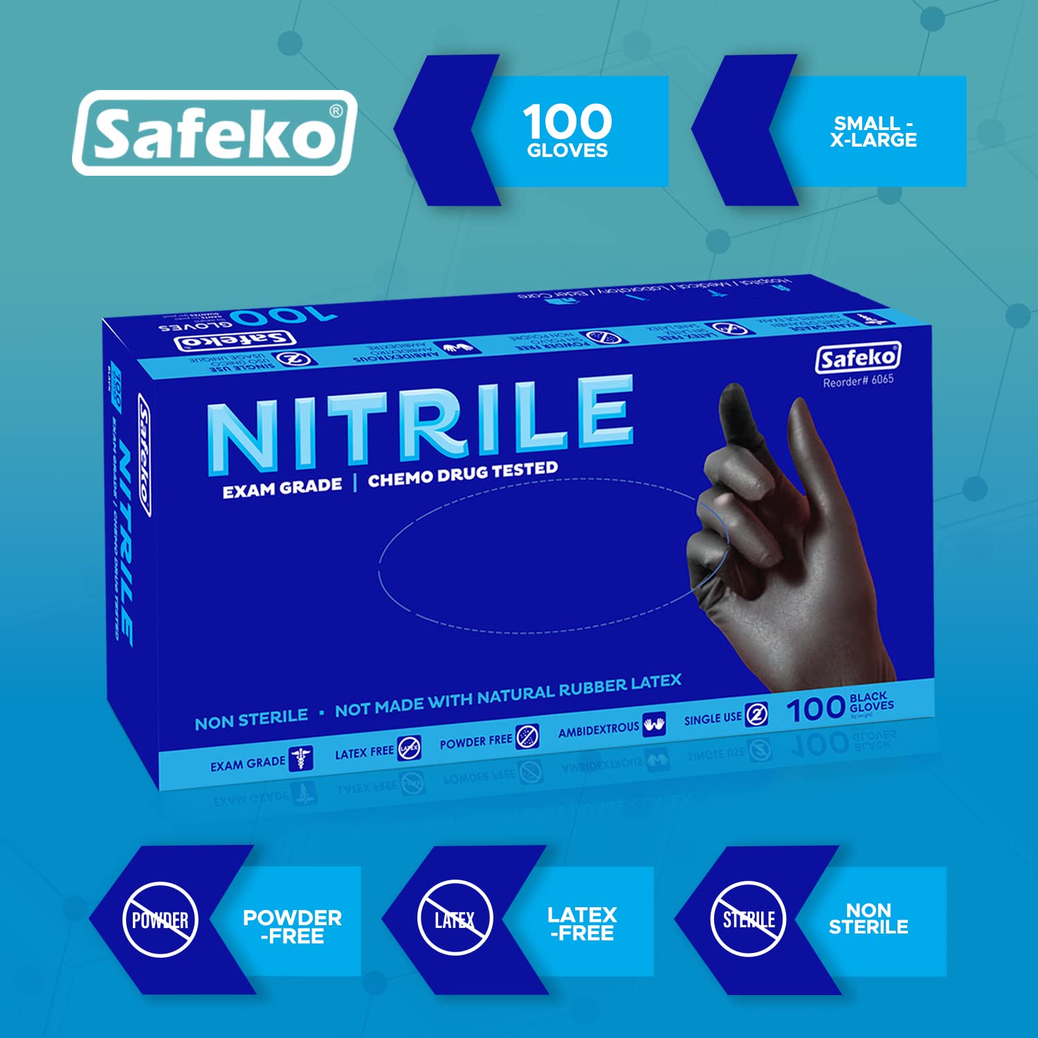SAFEKO Black Nitrile - Powder & Latex Free - 1000 CT -Case of 10 Boxes (10X100) (Medium)