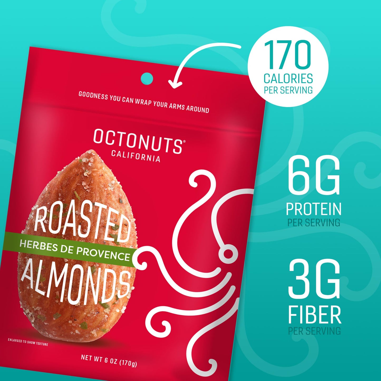 Octonuts Herbes de Provence Roasted Almonds (6oz) Plant Based Protein Snack with Fiber - Keto Friendly, Gluten-Free, Vegan & Non-GMO Verified