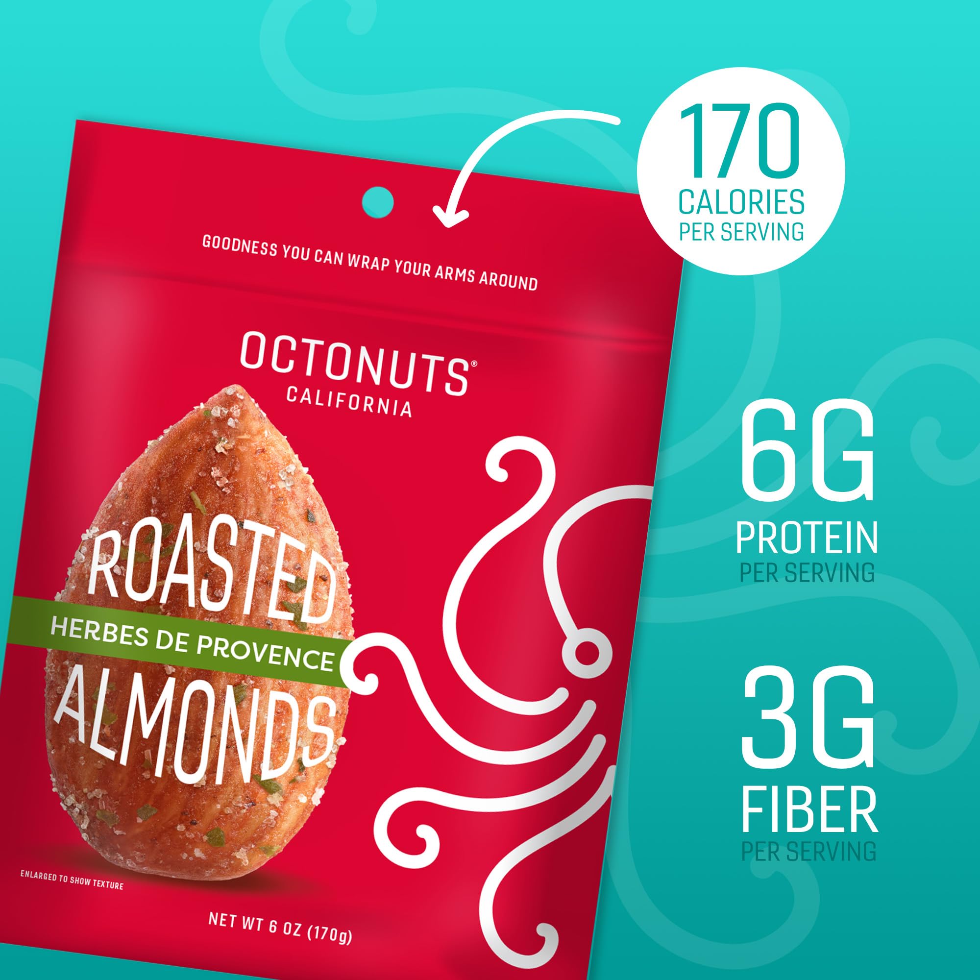 Octonuts Herbes de Provence Roasted Almonds (6oz) Plant Based Protein Snack with Fiber - Keto Friendly, Gluten-Free, Vegan & Non-GMO Verified
