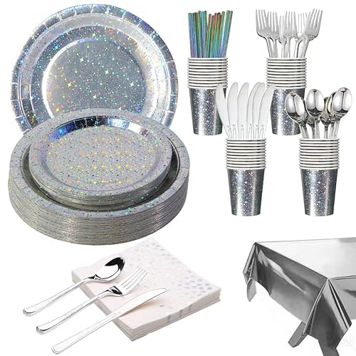 201-piece disposable party tableware set with paper plates, cups, napkins, straws, tablecloths, plastic knives, forks and spoons for a variety