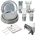 201-piece disposable party tableware set with paper plates, cups, napkins, straws, tablecloths, plastic knives, forks and spoons for a variety