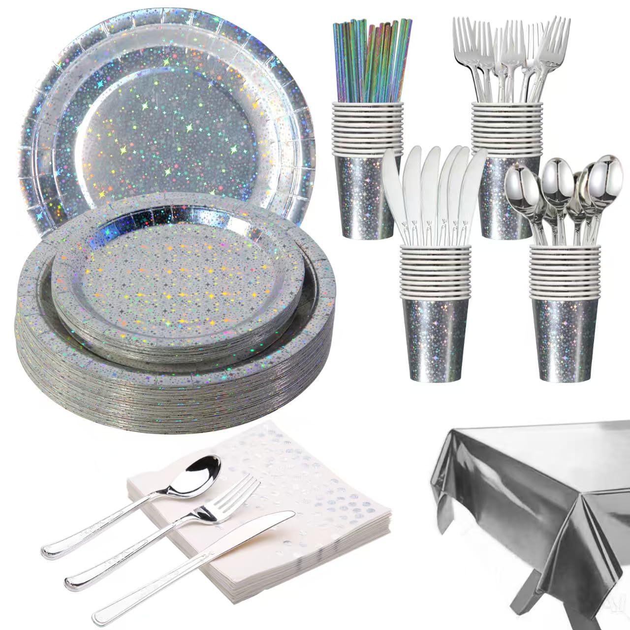 201-piece disposable party tableware set with paper plates, cups, napkins, straws, tablecloths, plastic knives, forks and spoons for a variety
