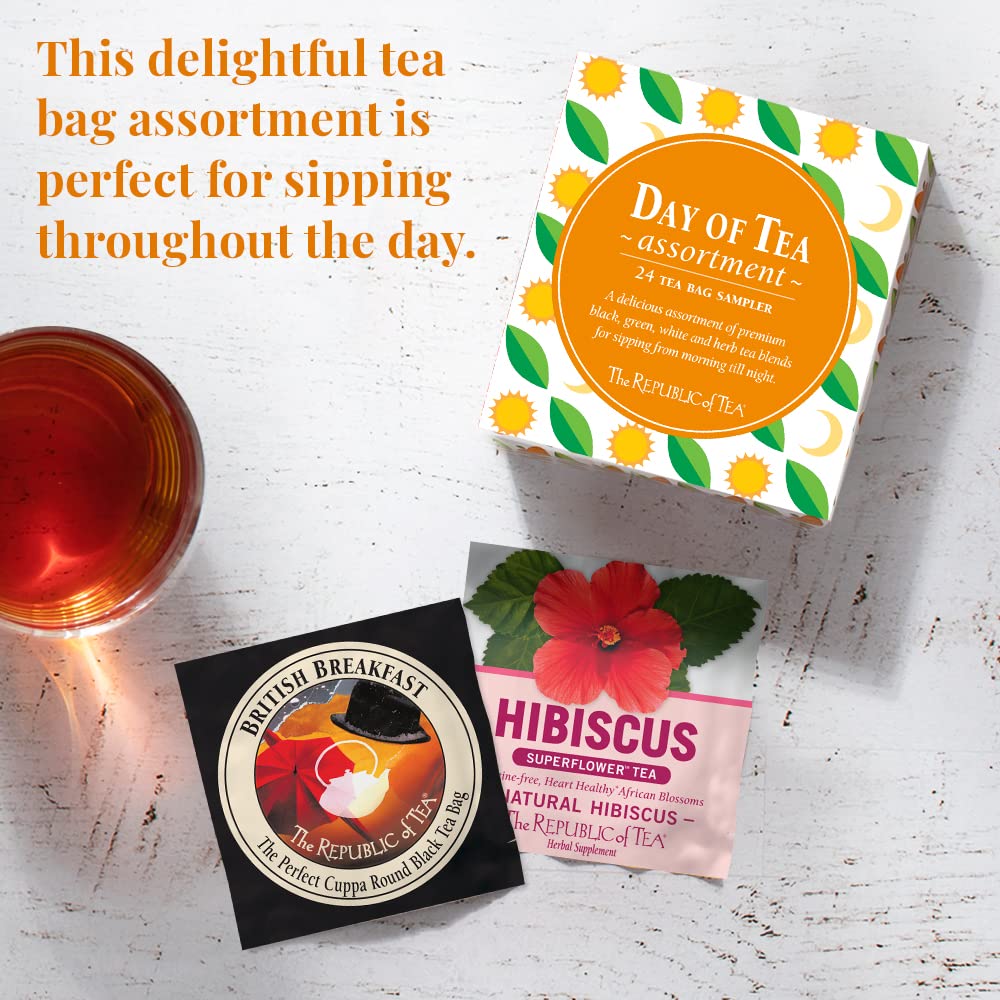 The Republic of Tea - Day of Tea Assortment Sampler, 24 Individually Wrapped Tea Bags, Black Tea, Green Tea, Herbal Tea