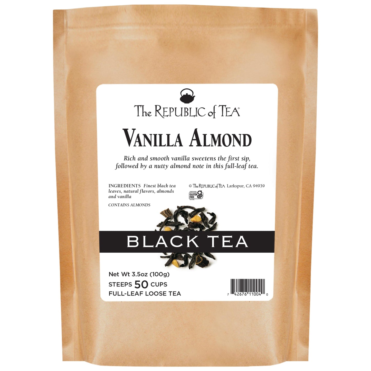 The Republic of Tea Vanilla Almond Full-Leaf Loose Black Tea 3.5 oz Refill Bag | Steeps 50 Cups | Caffeinated