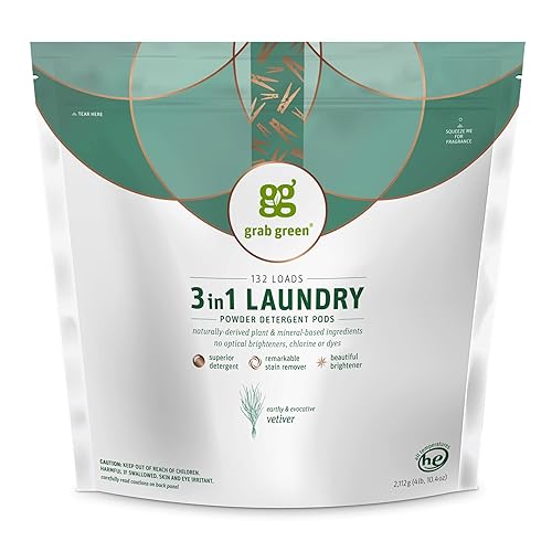 Grab Green 3-in-1 Laundry Detergent Pods, Vetiver Scent, Plant and Mineral Based, Superior Cleaning Power, Stain Remover, Brightens Clothes, White
