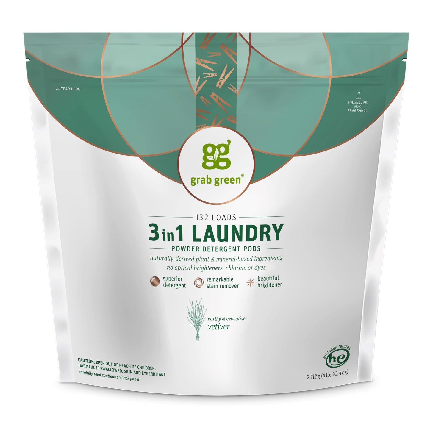 Grab Green 3-in-1 Laundry Detergent Pods, Vetiver Scent, Plant and Mineral Based, Superior Cleaning Power, Stain Remover, Brightens Clothes, White