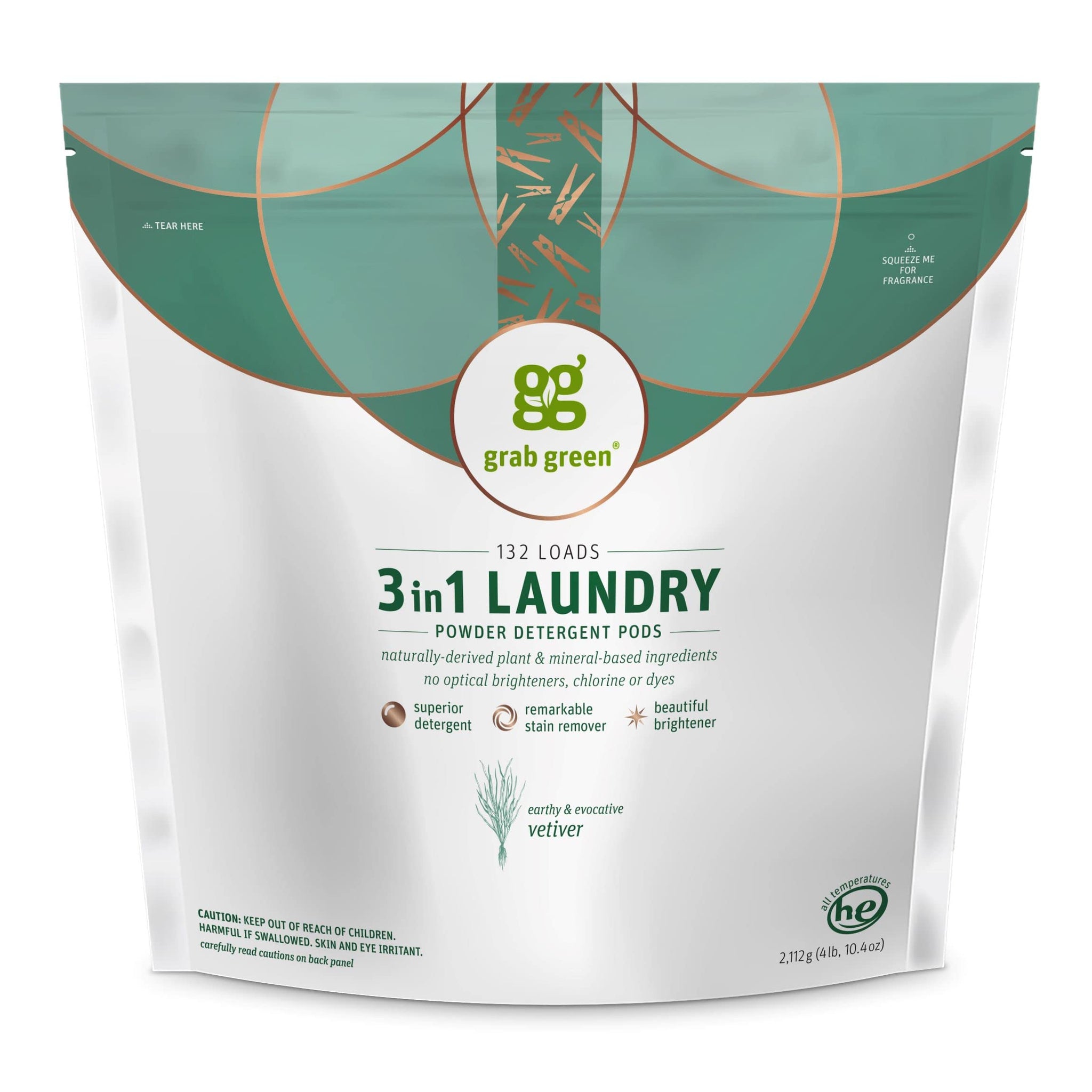 Grab Green 3-in-1 Laundry Detergent Pods, Vetiver Scent, Plant and Mineral Based, Superior Cleaning Power, Stain Remover, Brightens Clothes, White