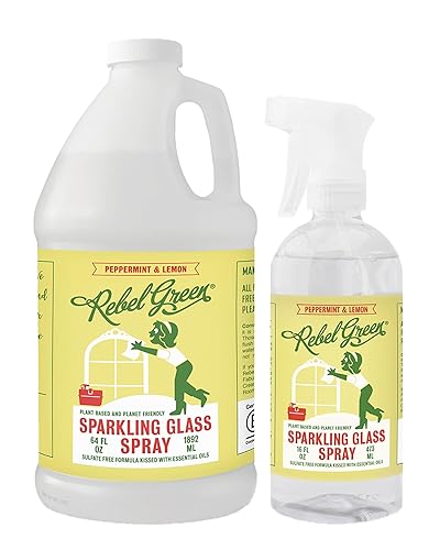 Rebel Green Sparkling Glass Spray - Streak-Free Natural Glass Cleaner for Windows, Mirrors, and Surfaces - Peppermint & Lemon Scent - 80 oz - 2 Pack