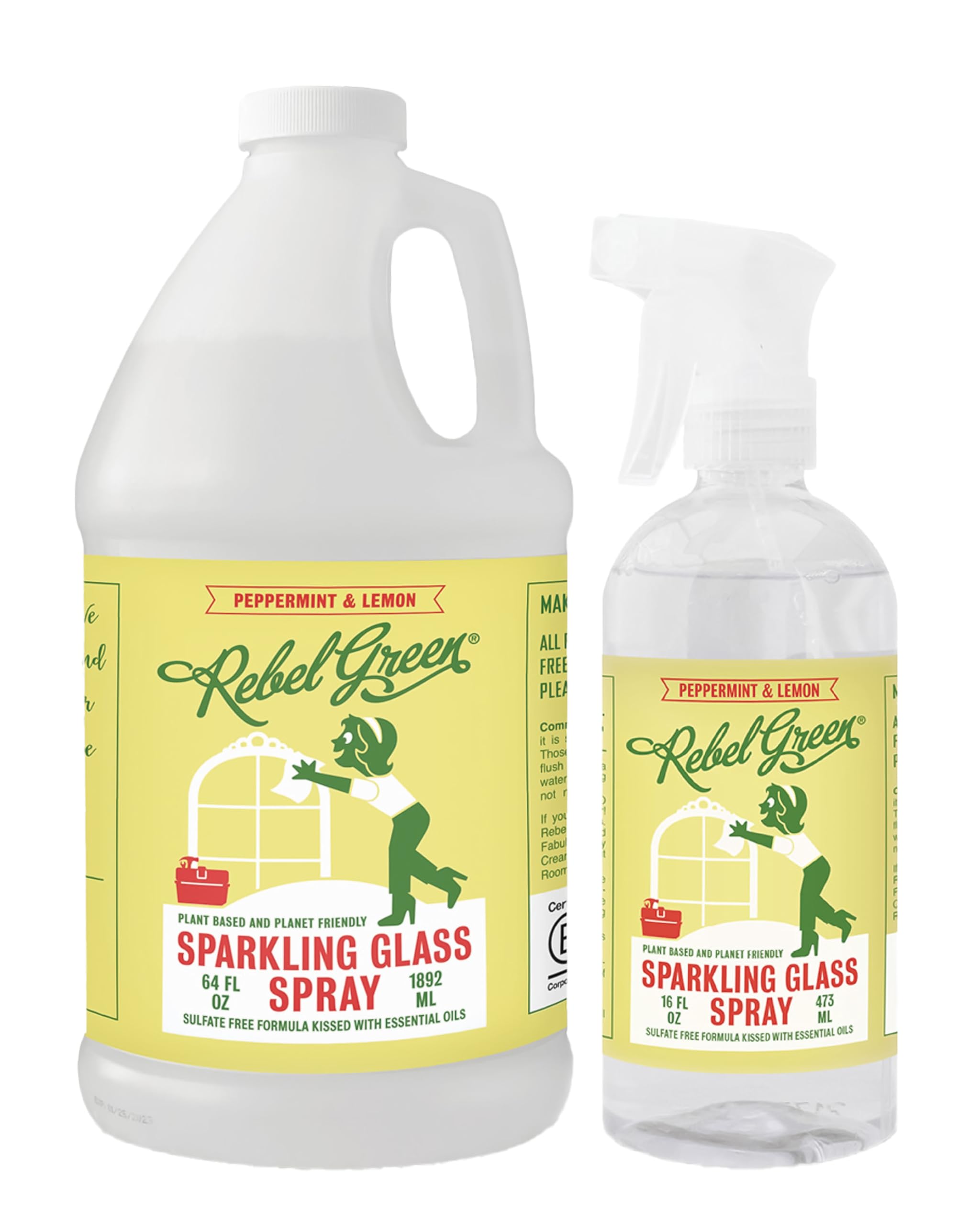 Rebel Green Sparkling Glass Spray - Streak-Free Natural Glass Cleaner for Windows, Mirrors, and Surfaces - Peppermint & Lemon Scent - 80 oz - 2 Pack