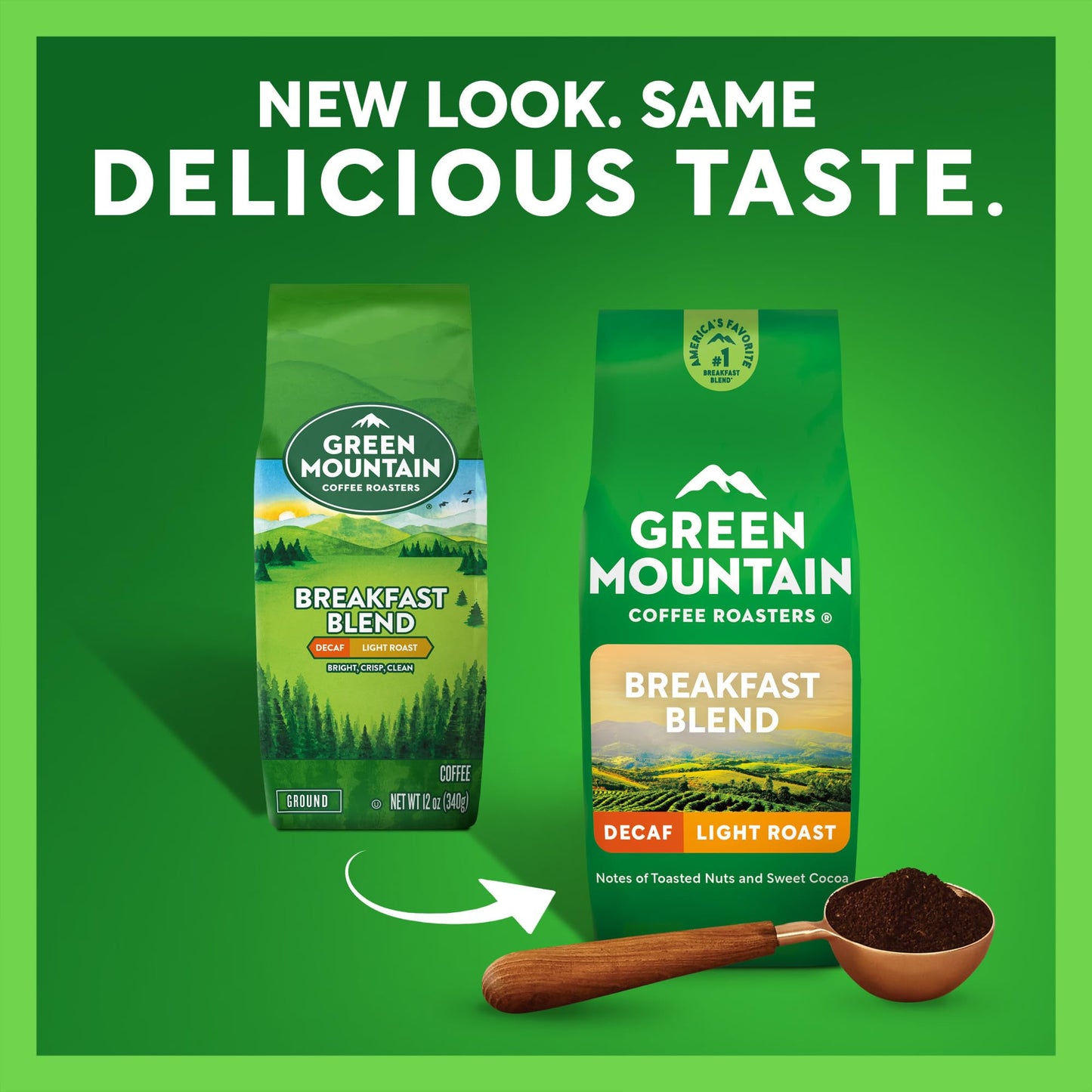 Green Mountain Coffee Roasters, Breakfast Blend Decaf, Ground Coffee, Decaffeinated, Light Roast, Bagged 12oz.