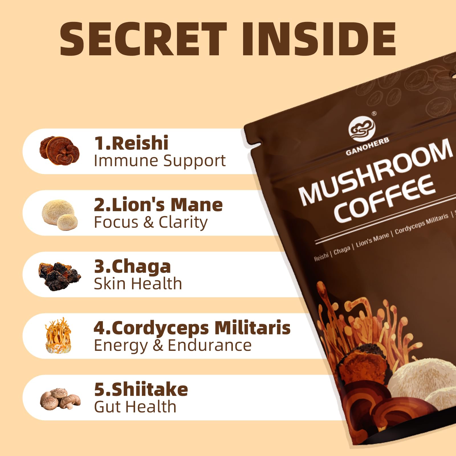 GANOHERB Instant Mushroom Coffee Powder, Arabica Coffee Mix with 5 Adaptogen Mushrooms, Lions Mane, Reishi, Chaga, Cordyceps, Shiitake and MCT Oil