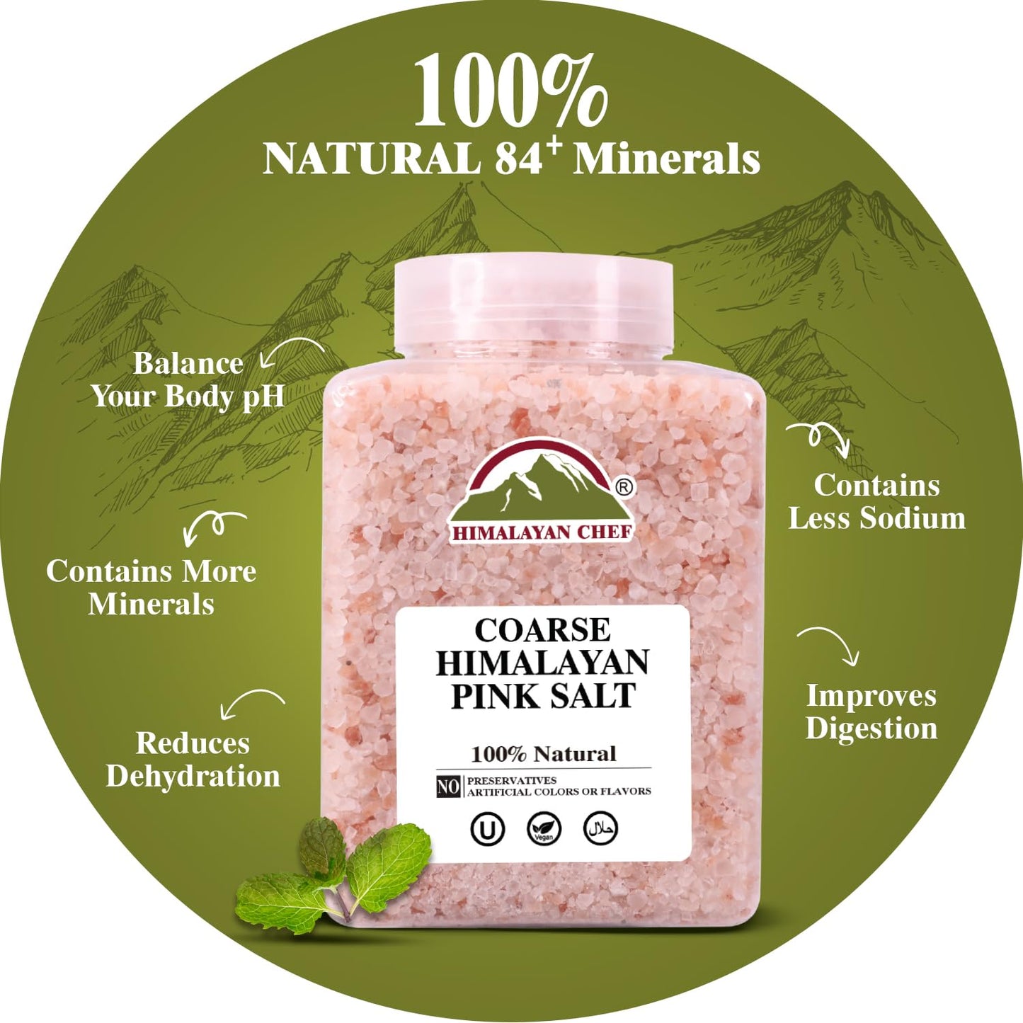 Himalayan Chef Pink Salt Coarse Grain, Plastic Jar 5 Lbs, Food Graded with Rich 84 Minerals, Pure 100% Natural Gourmet Pink Salt - Kosher Certified