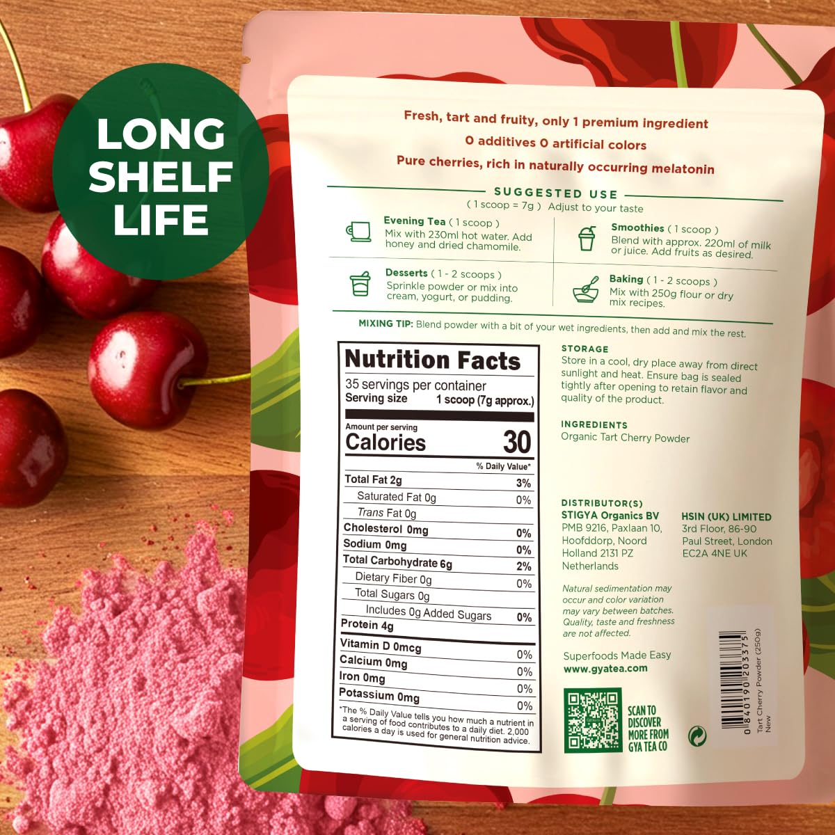 Organic Tart Cherry Powder, 0.55 Lb - 100% Natural Juice Extract, Sweet Tangy Flavor Great for Drinks, Smoothies & Baking - Rich in Antioxidants