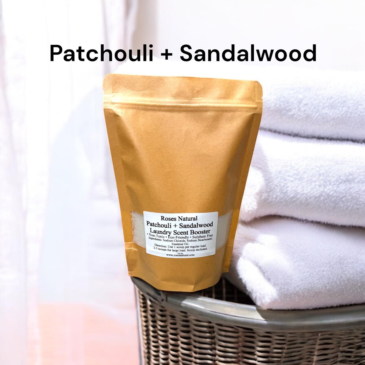 Roses Natural Patchouli + Sandalwood Laundry Scent Booster, 16 oz - Plant-Based, Essential Oil Scented, Sulfate-Free, Non-Toxic, In-Wash Fragrance