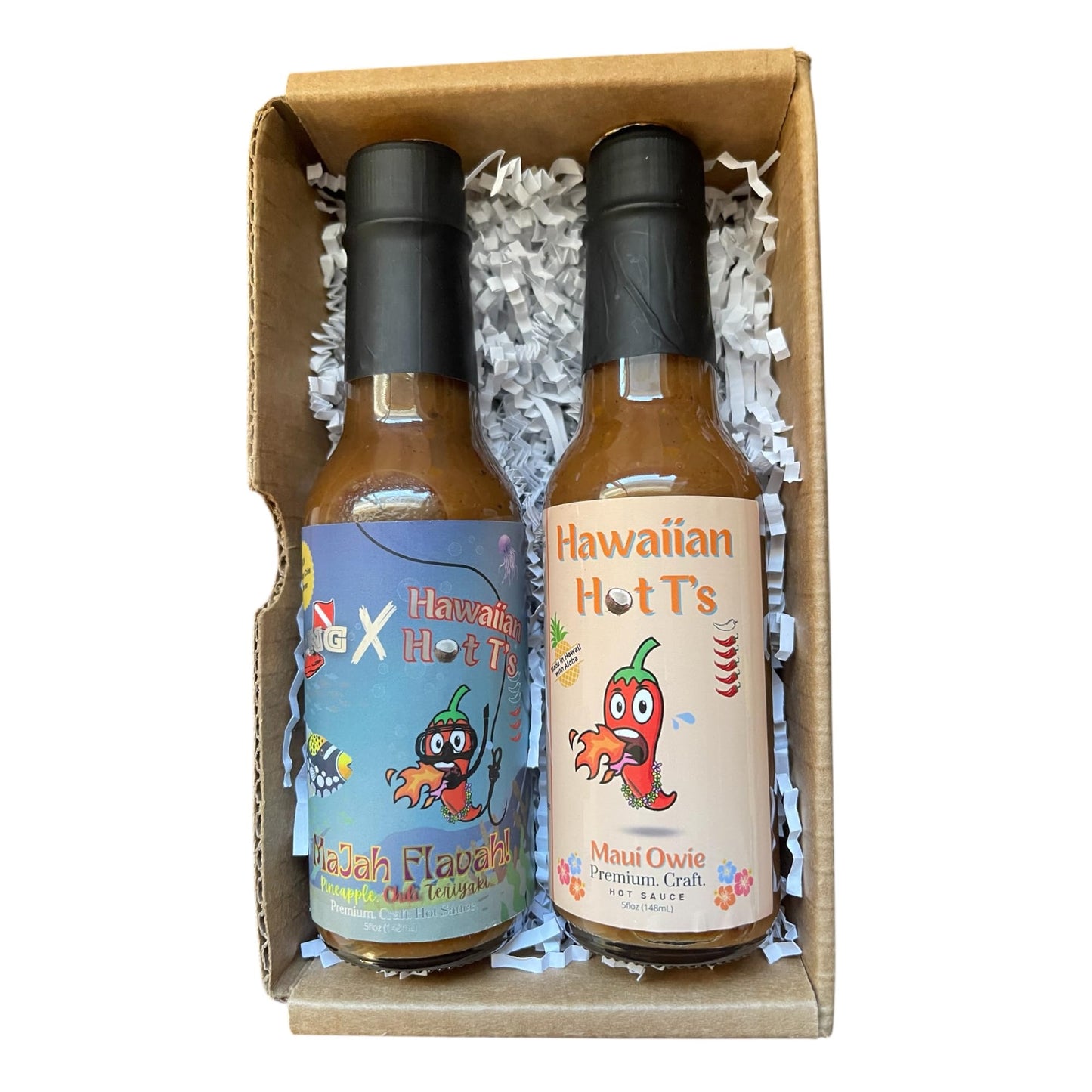 Hawaiian Hot T’s Small Batch Premium Craft Hot Sauce 2 Pack Box of Award-Winning Hot Sauces - Majah Flavah! & Maui Owie - Each Bottle is 5 fl. oz