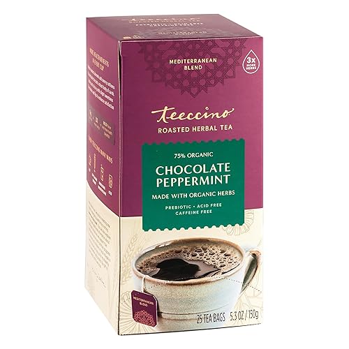 Teeccino Chocolate Peppermint Herbal Tea - Enjoy Hot or Iced Tea with Cooling Peppermint, Cocoa & Chicory, Prebiotic, Caffeine Free, Acid Free, 25 Tea
