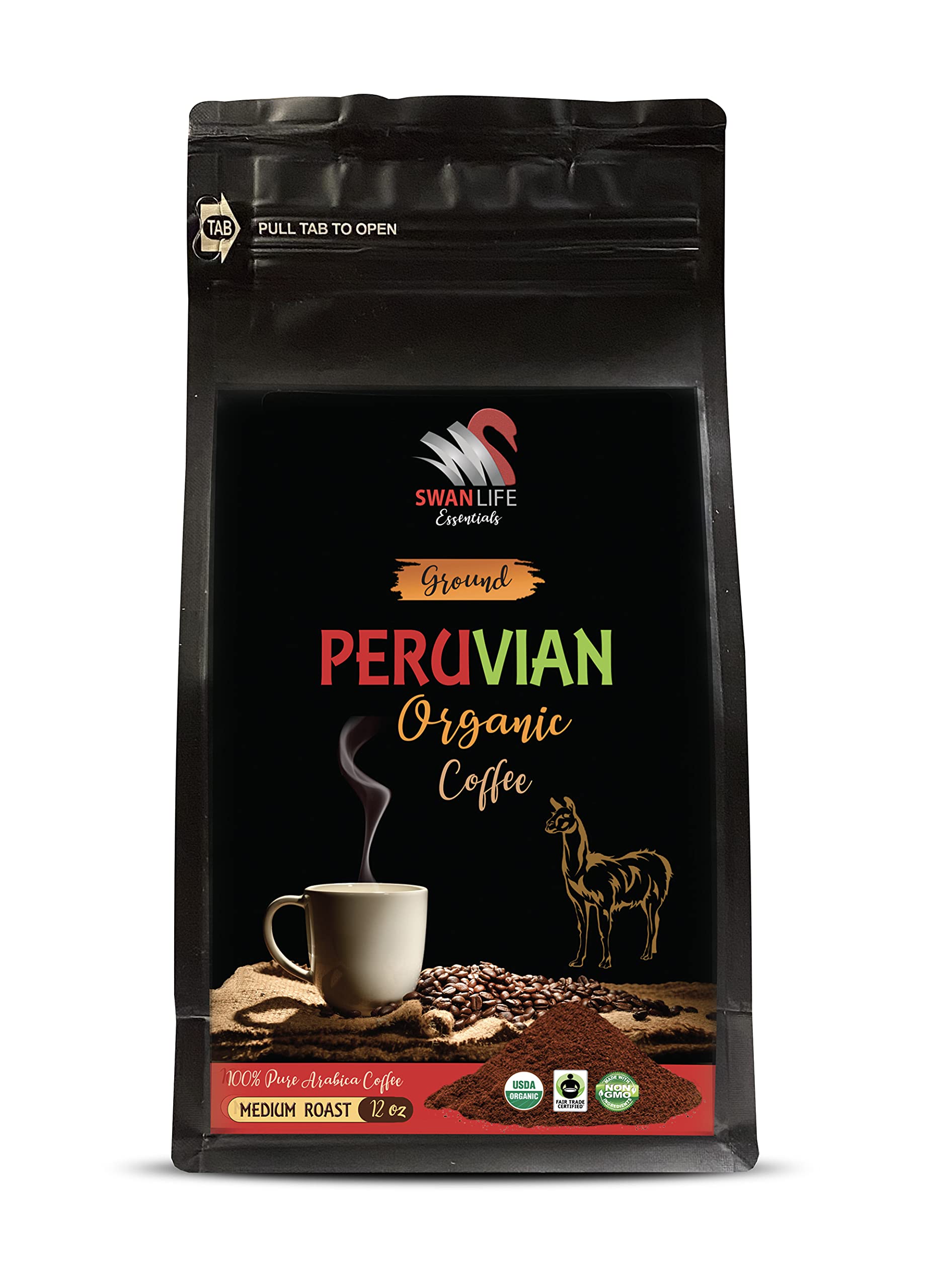 ground coffee medium roast - PERUVIAN GROUND ORGANIC COFFEE, fair trade, 100% arabica, medium roast, low acidity - arabica coffee ground, 1 Bag (12