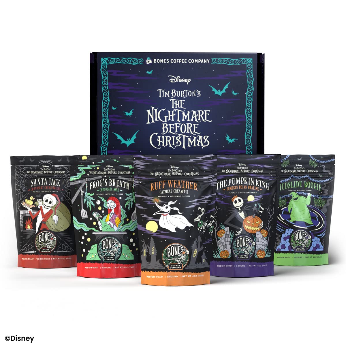 Bones Coffee Company The Nightmare Before Christmas Collector's Box 5 Flavored Coffee Low Acid Medium Roast Arabica Beans Specialty Coffee Gifts