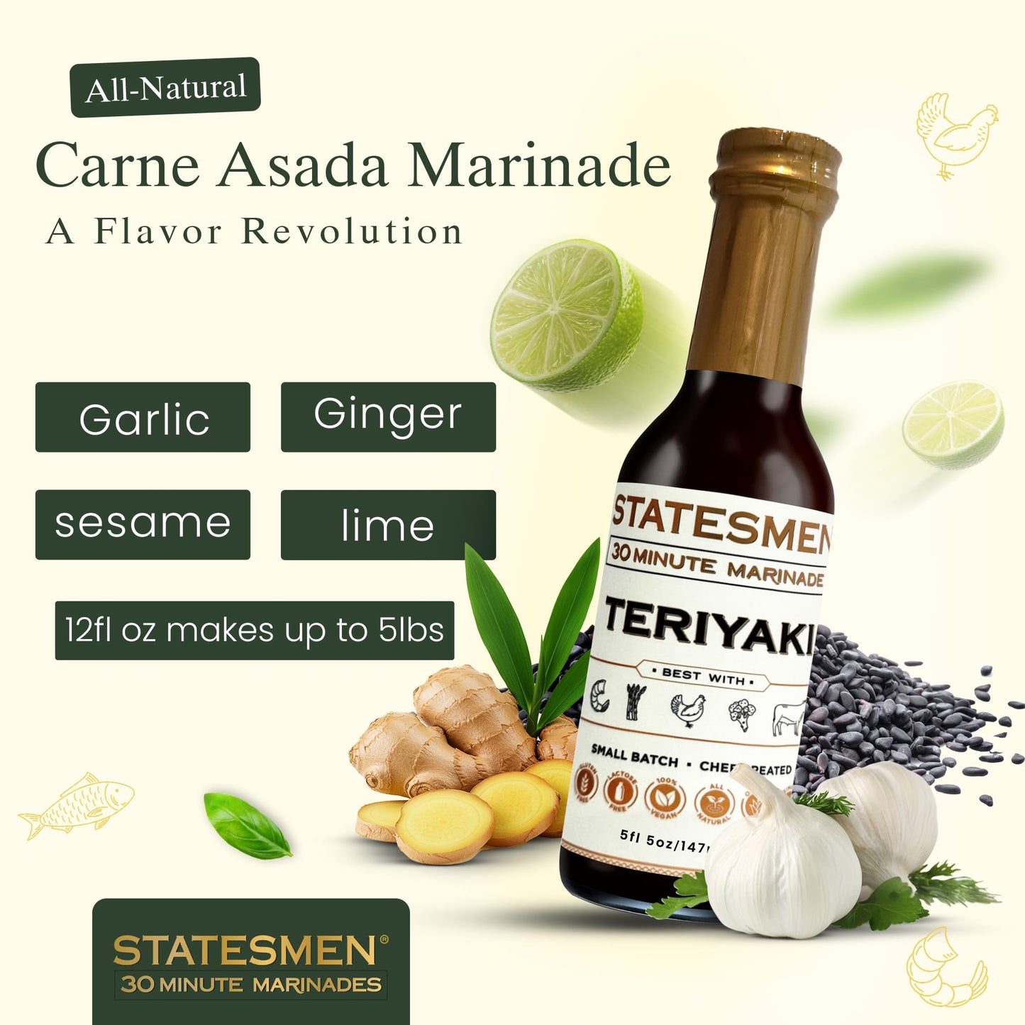 Statesmen Teriyaki 5oz - Gluten-Free, Vegan, Lactose-Free Japanese-Style Marinade for Chicken, Shrimp, Beef & Vegetables