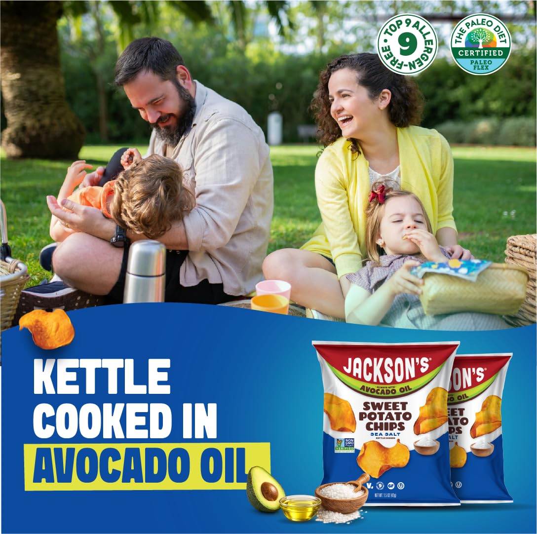 Jackson’s Sweet Potato Kettle Chips with Sea Salt made with Avocado Oil (1.5 oz, Pack of 10) - Allergen-friendly, Gluten Free, Peanut Free, Vegan