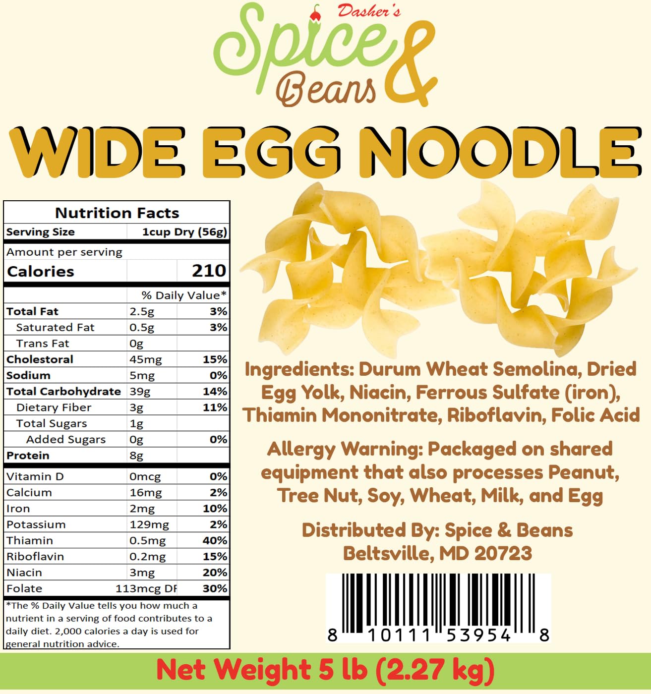 Wide Egg Noodle Pasta | 100% Durum Semolina Flour | Made in America | by Dasher's Spice & Beans | 5 lb.