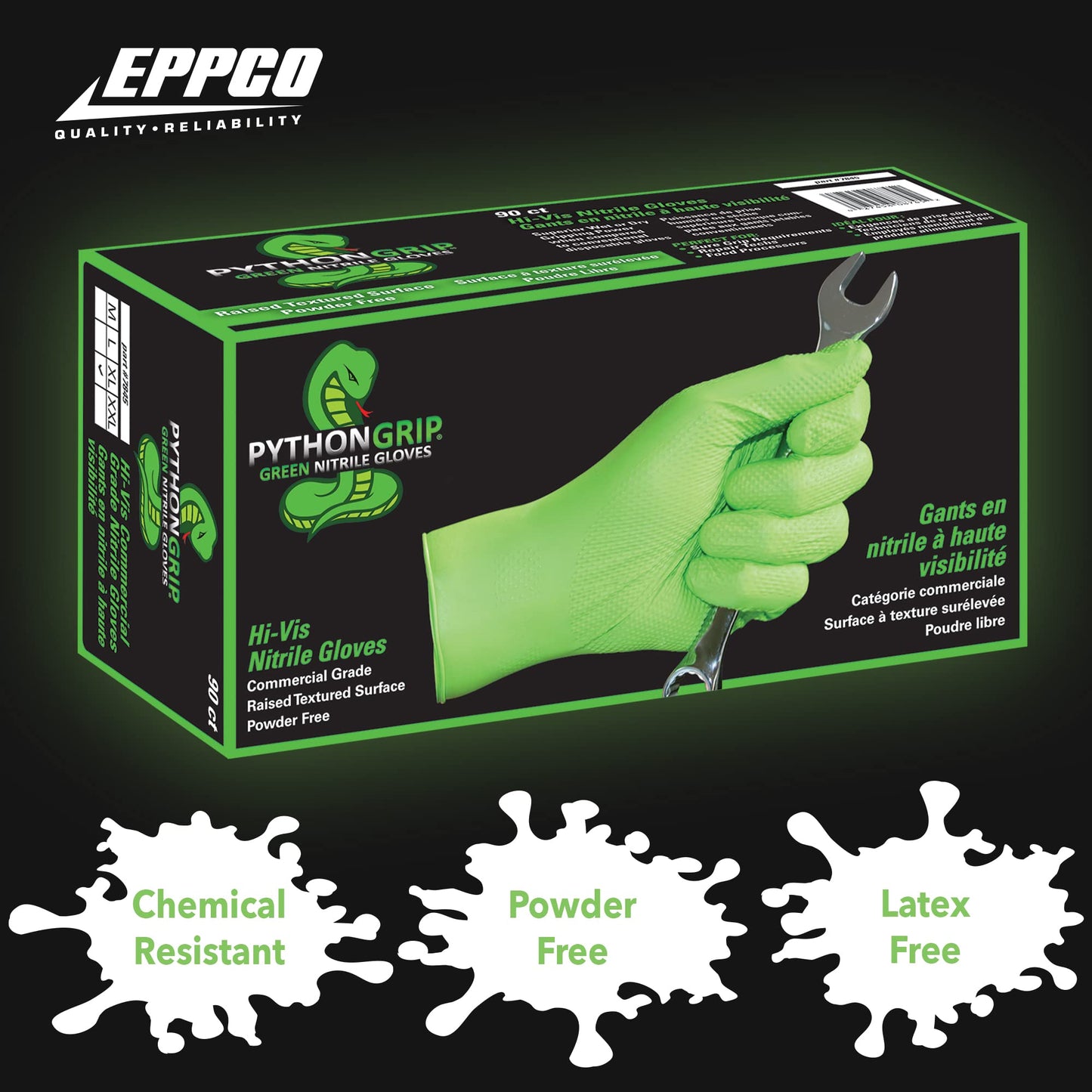 Python Grip Eppco Green Nitrile Gloves - Size XL 90 Count Box