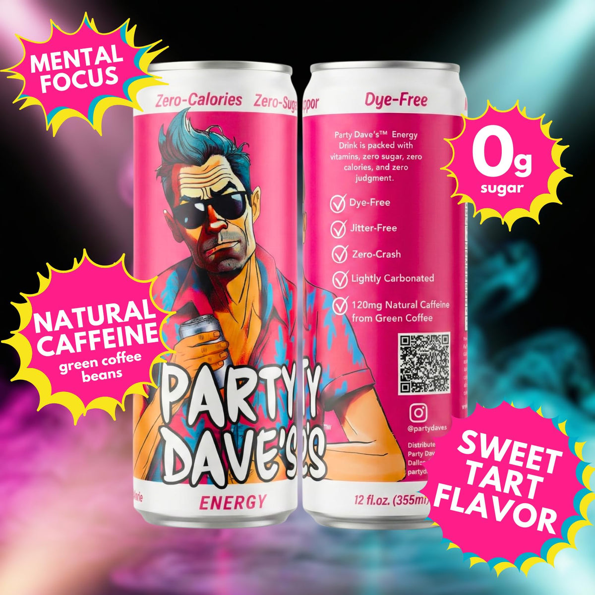 Party Dave's Zero Sugar Energy Drink, 12 Pack -120mg Natural Caffeine & L-Theanine for Focus, B-Vitamins (B6, B12, Biotin), Dye-Free, Original "Tart