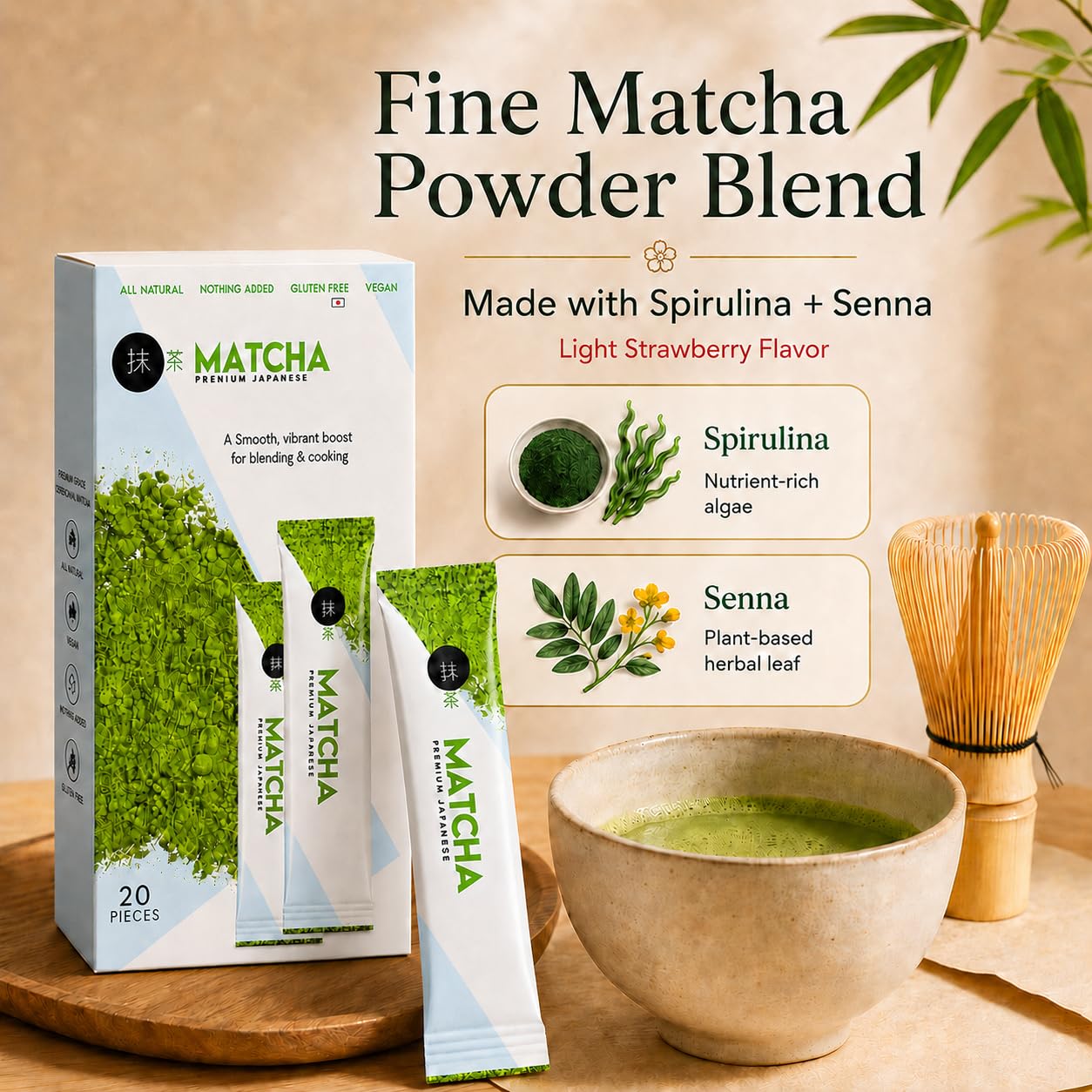 UNIQBITE Strawberry Matcha Powder Blend with Spirulina, 20 Single-Serve Sachets, for Hot and Iced Macha Latte, Green Tea, Smoothies and Baking, 5.64