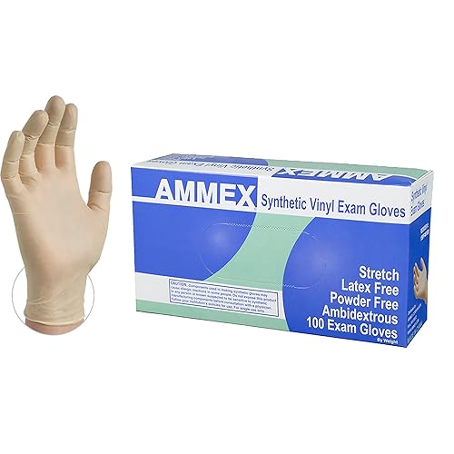 AMMEX Medical Ivory Stretch Synthetic Vinyl Gloves, Box of 100, 4 mil, Size Medium, Latex Free, Powder Free, Disposable, Non-Sterile, VSPF44100-BX