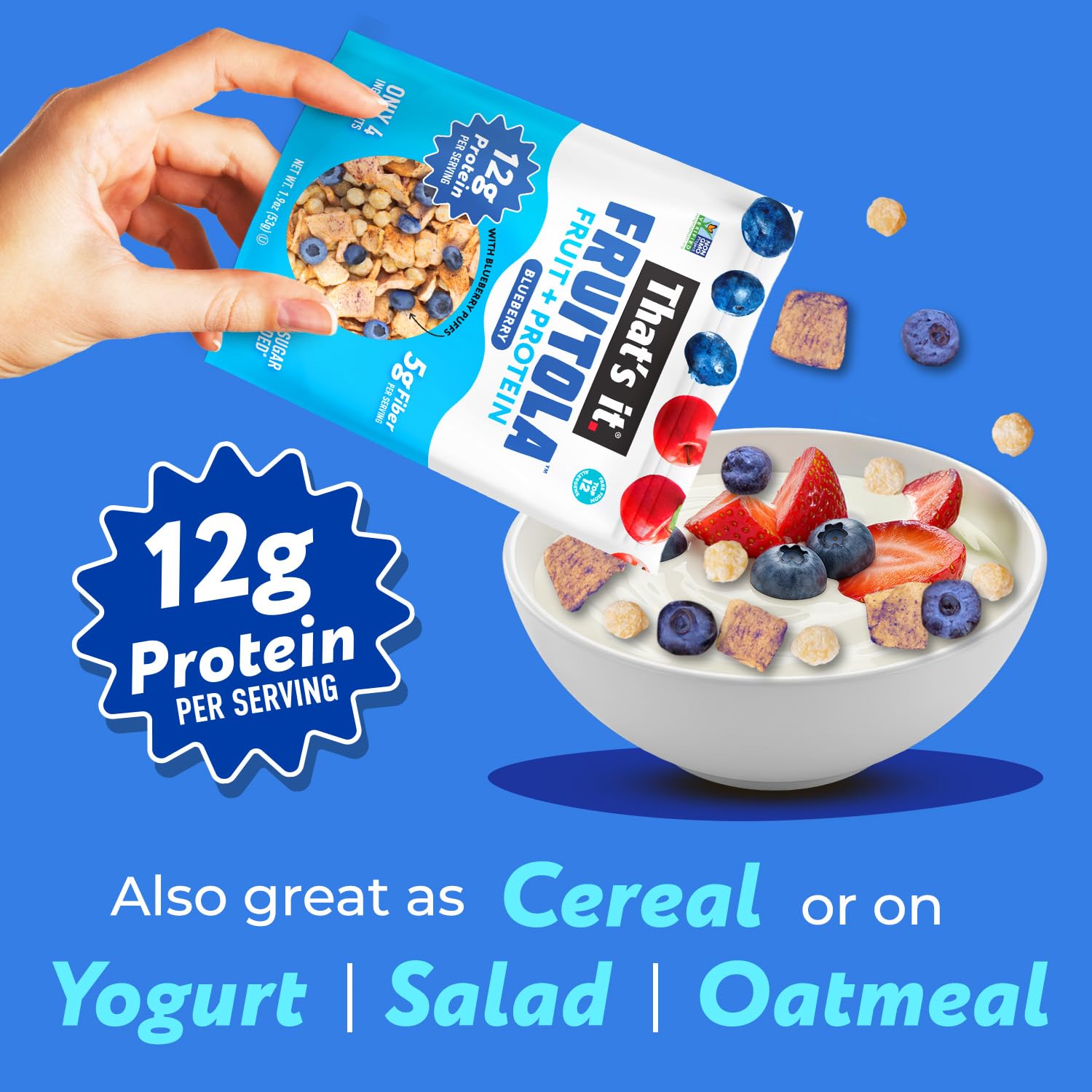 That’s it. Fruitola Fruit Granola - Blueberry, 12g Plant-Based Protein, 5g Fiber from Fruit, 100% Real Fruits, Only 4 Ingredients, Zero Added Sugar