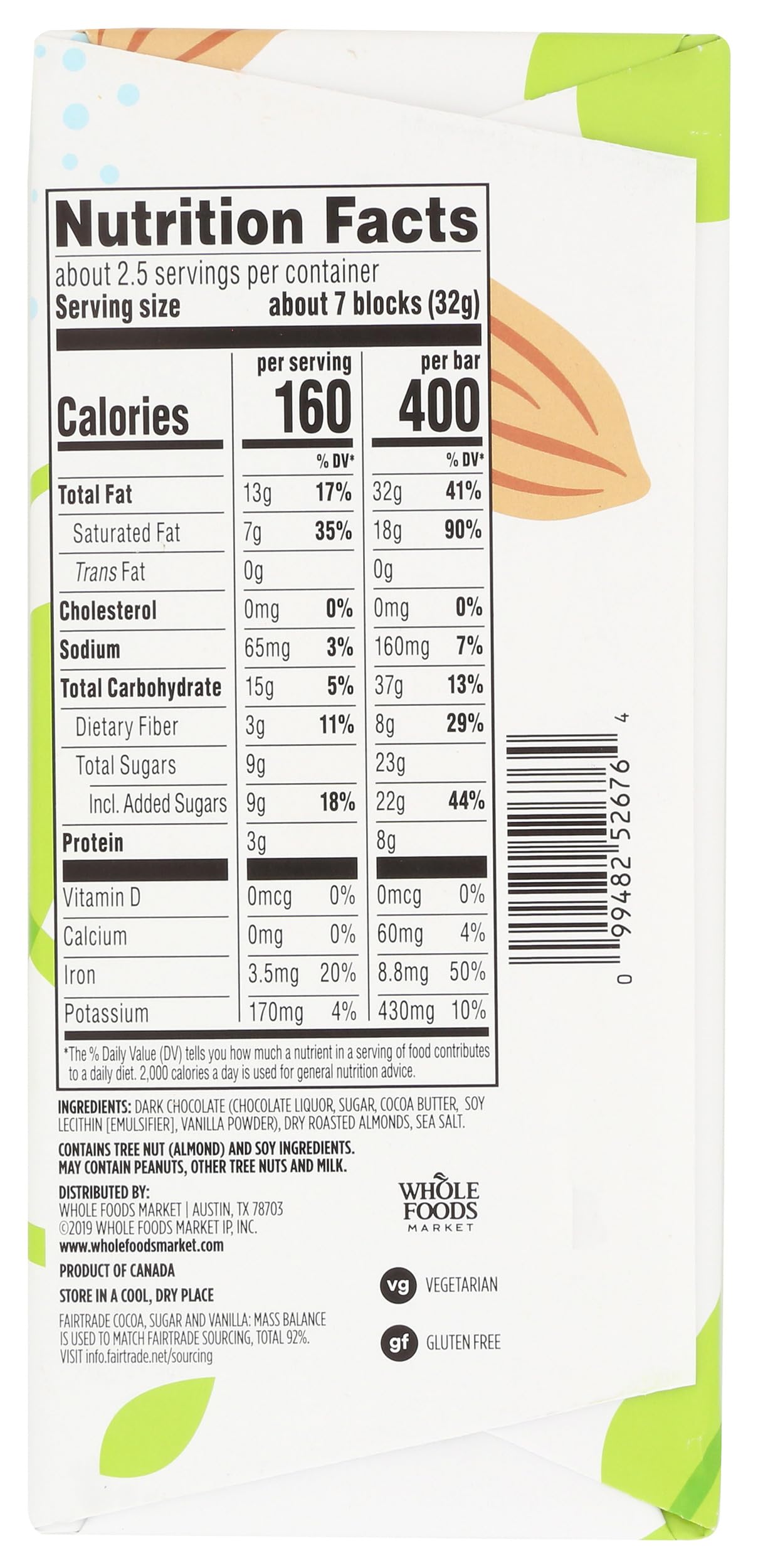365 by Whole Foods Market, Almond & Sea Salt Dark Chocolate Bar, 2.8 Ounce
