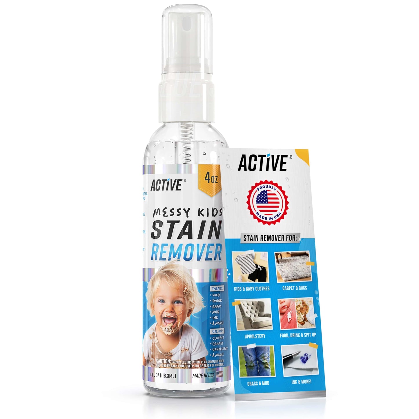 Messy Kids Stain Remover Spray - ACTIVE Laundry Spot Cleaner, Natural Stain Treater Spray for Baby Clothes Fabric, Toddler Clothing, Rescue Mess