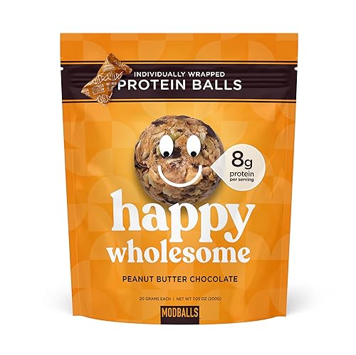 Happy Wholesome Peanut Butter Chocolate Chip Protein Balls, 10 Count, 7.05oz Bag, 8g Protein per Serving, Individually Wrapped, Gluten Free Snack
